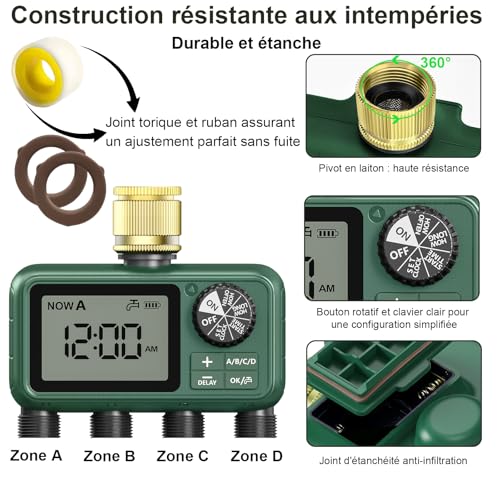 4 Way Water Timer with Brass Inlet, Large LCD Display, Automatic Watering for Garden, Programmable Irrigation, Simple Use, Rain Delay Manual Watering for Lawn