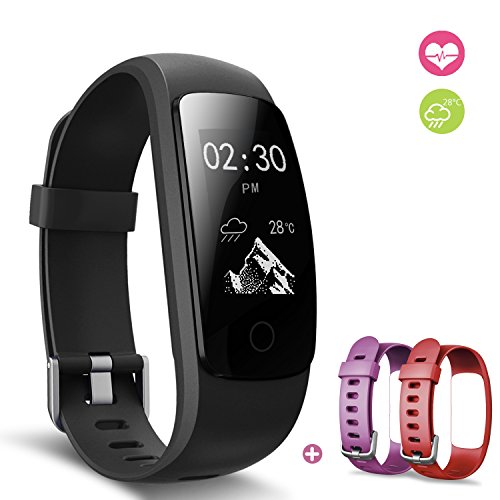 Fitness Tracker, moreFit Slim Touch HR Heart Rate Waterproof Activity Tracker Wireless Bluetooth Smart Bracelet Watch with Sleep Monitor Pedometer, Black+Purple/Red Band