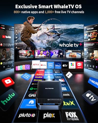 Smart Projector【Officially-Licensed Apps/Live TV】 Mini Projector 4K Support HDMI ARC, PUTRIMS S36 Native 1080P Portable Projector with AI Autofocus/Keystone, WiFi6/Bluetooth Projecteur with 330°Stand