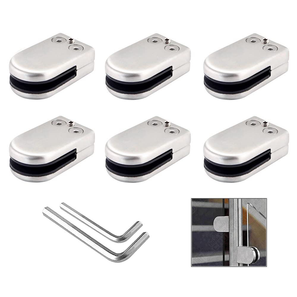 QitinDasen 6 Pieces 6～8 mm (S Size) Glass Clamps, 304 Stainless Steel Glass Clip Clamp, Adjustable Glass Clamp Bracket Flat Back, for Staircase Balustrade Handrail (Silver)