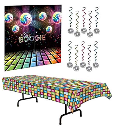 70s Party Decorations Pack - Disco Ball Whirls 70s Theme Back Back Drop and Disco Tablecover