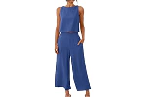 yelldesk Women's 2 Piece Outfits Lounge Sets Casual Sleeveless Square Neck Linen Tank Crop Top with Wide Leg Pants Sets