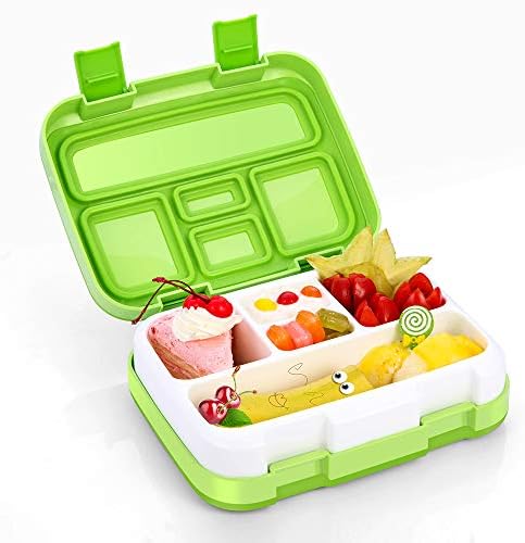 Bento Box, Bento Lunch Box for Kids with BPA-Free, Leakproof 5 Compartments Food Container Great for School, Picnics, Travel and More (Green)