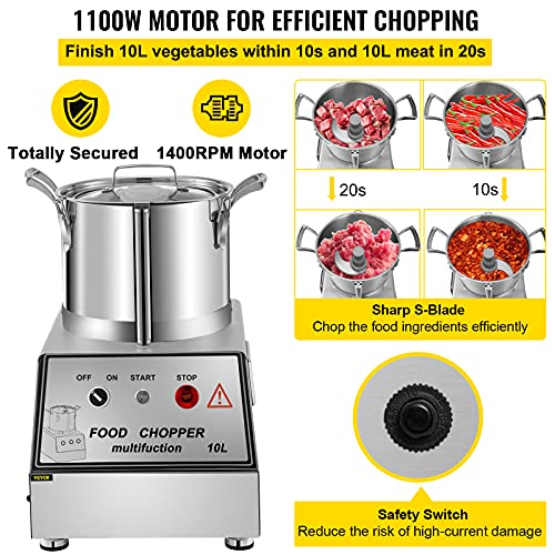 VBENLEM 110V Commercial Food Processor 10L Capacity 1100W Electric Food Cutter 1400RPM Stainless
