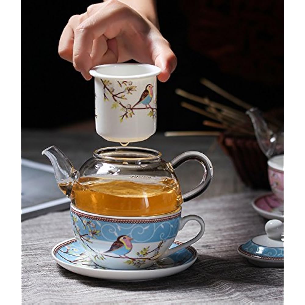 Tea Sets Glass Teapot With Fine China Infuser Strainer, Cup And Saucer