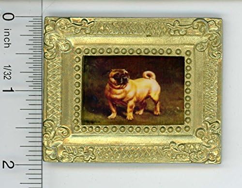 Dollhouse Miniature Gold Framed Picture of an Adorable Pug Dog