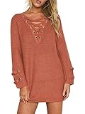 Simplee Apparel Women's Long Sleeve Lace up Knit Pullover Sweater Dress