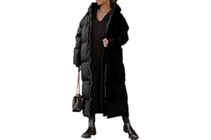 Shanfetl Women Long Quilted Coat Hooded Maxi Length Long Sleeve Puffer Jacket Padded Coat Winter Outerwear