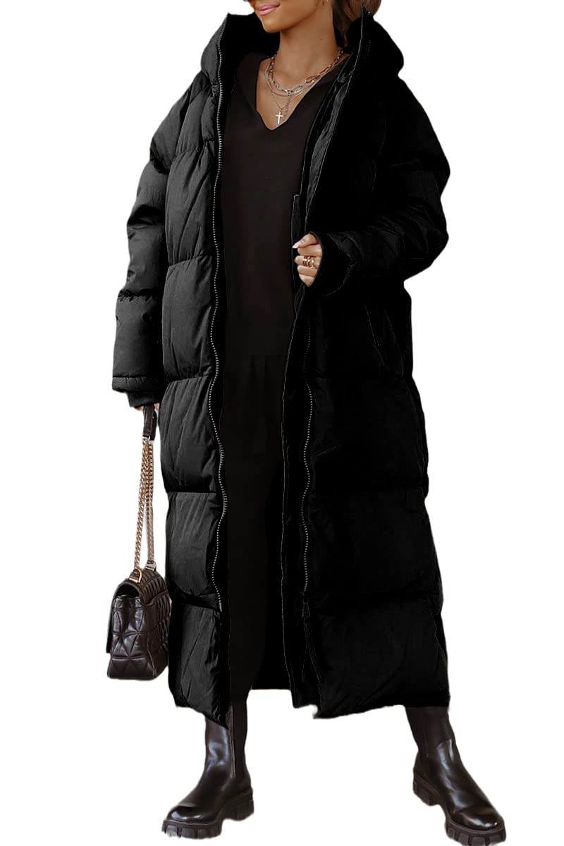 Photo 1 of SIZE LARGE Shanfetl Women Long Quilted Coat Hooded Maxi Length Long Sleeve Puffer Jacket Padded Coat Winter Outerwear Black