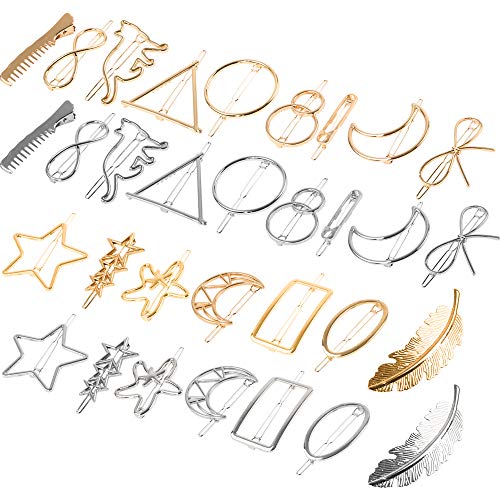 32 pcs Hair Clips Gold Silver Geometric Clips Dainty Feather Moon Triangle Circle Hairpin Star Cat Hair Barrettes for Women