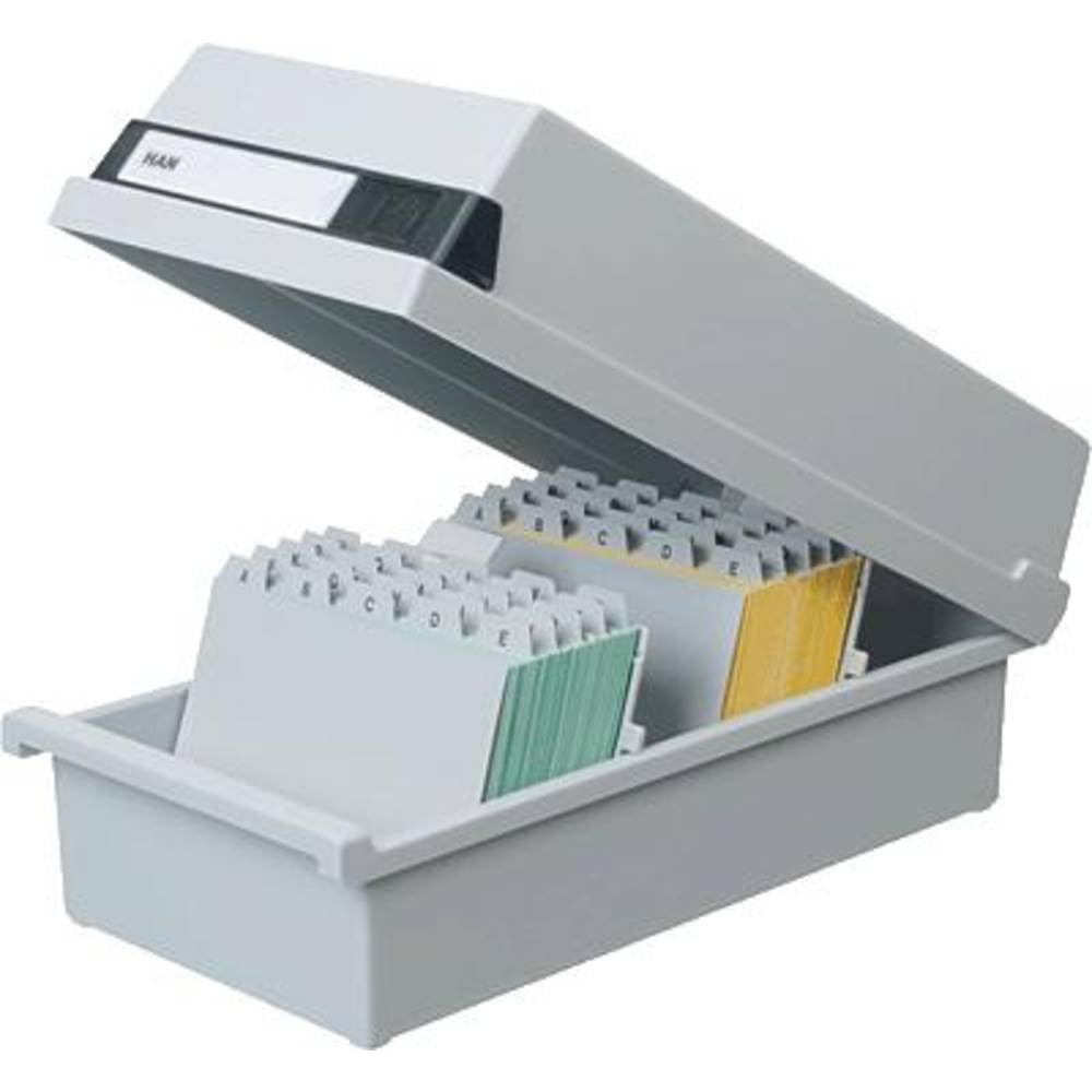 HAN 956-11, Card filing box A6 landscape. Innovative, attractive design holds 1,300 cards, readjustable lid supplied with large inscription label, light-grey