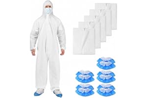 NIESUGA 5-25Pack Disposable Hazmat Suits with Hood & Shoe Covers – Breathable SMS Unisex Adult Coveralls(White, M–XXXL) (5, X