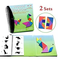 Tangram Game Travel Games 176 Magnetic Puzzle and Questions Build Animals People Objects with 7 Simple Magnetic Colorful Shapes Kid Adult Challenge IQ Educational Book【2 set of Tangrams】