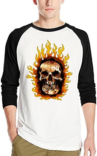 Kaari Success Men's Long Sleeve Tee Metallica Flaming Skull Baseball T-Shirts XL White