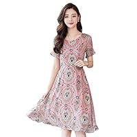 Tekijun Floral Print Dress for Women, Summer O-Neck Short Sleeve Midi Dress (Pink 3XL)