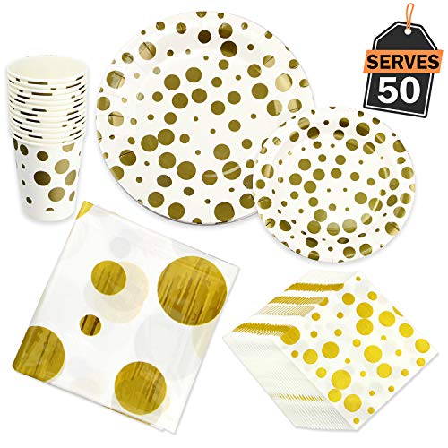 201 Piece Gold Dot/Polka Dot Party Supplies Set for 50, Including Plates, Cups, Napkins and Tablecloth - Thumbnail 7
