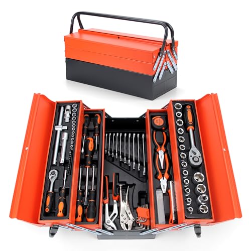 Walter Steel Complete Tool Box 85 Pieces, Chrome Vanadium | Complete Portable Screwdriver and Pliers Tool Kit Ideal for Daily Maintenance at Home or Garage Orange