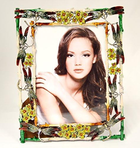 Ciel Collectables Floral Dragonfly Picture Frame with Hand Painted Green & Red Enamel with Swarovski Crystal, Holds 5 x 5, 5 x 7 Pictures