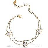 Kokoma Double Layered Star Bracelet for Women Shell Stainless Steel Link Chain Adjustable 18K Gold Plated Bracelet Dainty Hand Jewelry