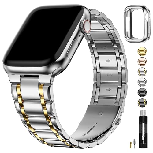 Fullmosa Bands Compatible with Apple Watch Band 45mm 44mm 42mm, Stainless Steel iWatch Band with Case for Apple Watch Series 9 8 7 6 5 4 3 2 1 SE3/2/1, Silver and Gold