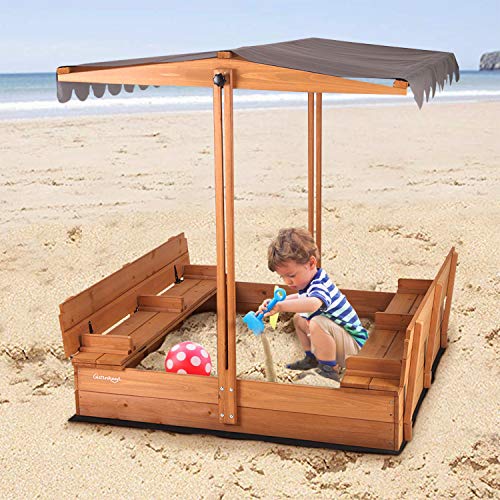 Kids Large Wooden Sandbox, Outdoor Sand Box Play w/ Canopy, 2 Foldable
