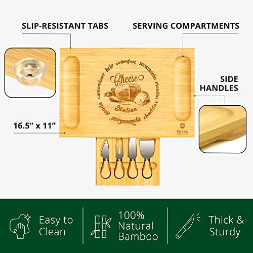 ROYAL CRAFT WOOD Unique Bamboo Charcuterie Board, Cheese Platter & Serving Tray Including 4 Stainless Steel Knife & Thick Wooden Server - Fancy House Warming Gift & Perfect Choice for Gourmets