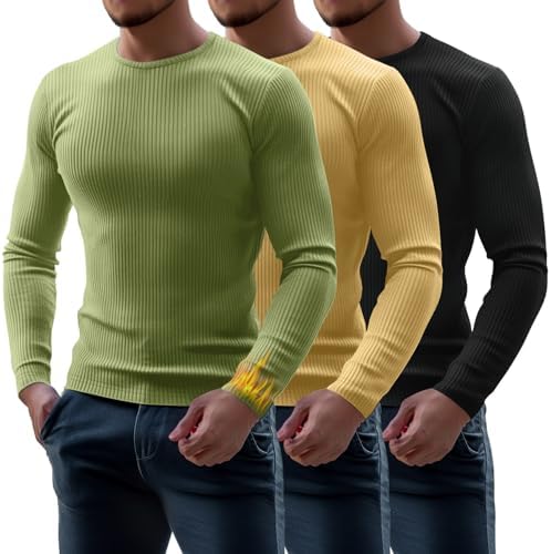 Baggyfly 3 Pack Men's V Neck Thermal Ribbed Shirts Cotton Long