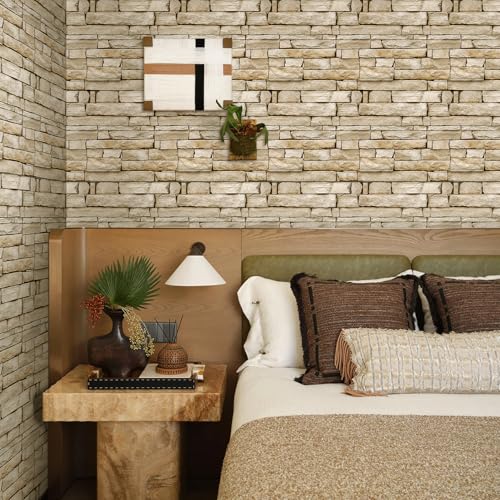 COMSTICKC 3D Stone Adhesive Panels, Brown, 10 Pieces 30 x 30 cm, 3D Brick Wall Stickers, PVC Faux Stone Panel for Decorative Interior Walls Kitchen, Bathroom, Living Room
