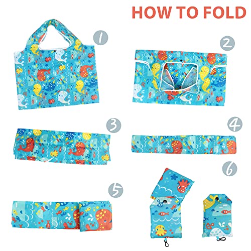 LotFancy Reusable Grocery Bags,Extra-Large/Large Foldable Shopping Bags with Attached Pouch, Waterproof Nylon Grocery Bags, Machine Washable and Eco-Friendly