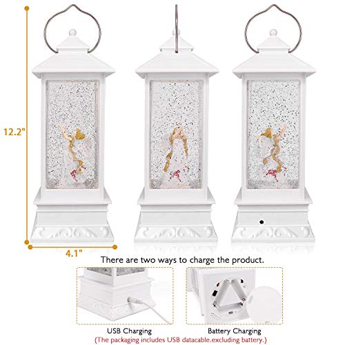 QTKJ USB and Battery Operated Cute Angel Night Lamp Spinning Water Lantern Snow Globe Lantern for Desk, Room Decoration Gifts (White)