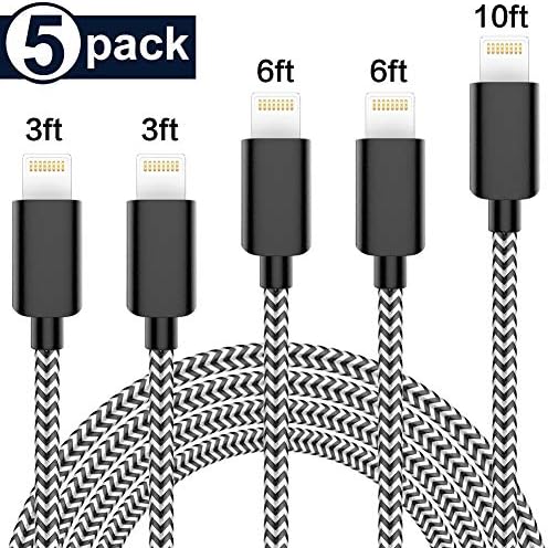 MFi Certified iPhone Charger Lightning Cable, TNSO 5Pack(3/3/6/6/10ft) Extra Long Nylon Braided USB Fast Charging&Syncing Cable Compatible iPhone Xs MAX XR 8 8 Plus 7 7 Plus 6s 6s Plus SE More