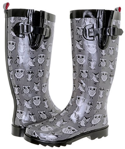 Capelli New York Shiny Sketchy Owls Print Tall Sport Body Ladies Rain Boots Grey Combo 6
