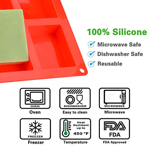 SJ Rectangle Silicone Soap Molds, 2 Pcs 6-Cavity Silicone Molds Square Loaf Muffin Baking Pans, Chocolate Cheesecake Making Trays, Ice Cube Trays, Nonstick & BPA Free (Red)