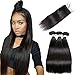 Beauhair Straight Hair Bundles with Closure Brazilian Straight Virgin Hair 3 Bundles with Lace Closure Free Part Human Hair Extensions Natural Black Color (16/18/20+16 Inch, Bundles with Closure)