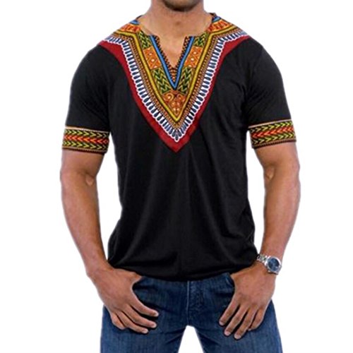 G&Kshop Mens Shirt, Short Sleeve African Print V Neck ComfortSoft Casual T-Shirt Top Blouse (M, Black)