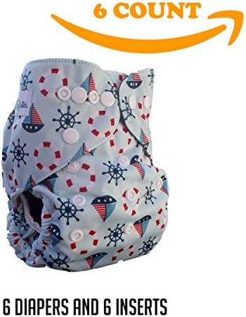 Baby Pocket Cloth Diapers + 5 Layer Bamboo Inserts in One Size Set by Angelicware (Nautical 6 Pack) + eBook