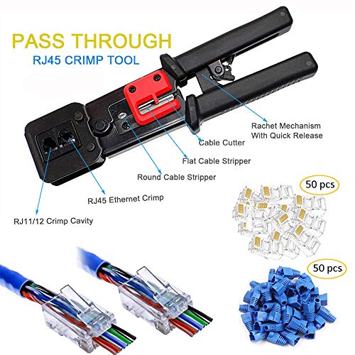 LEATBUY RJ45 Crimping Tool Kit for RJ11/RJ12/CAT5/CAT6/Cat5e, Professional Computer Maintenacnce Lan Cable Tester Network Repair Tool Setï¼ŒWire Crimper Wire Connector Stripper Cutter(BLACK)