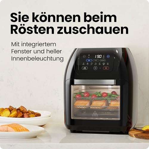 Multifunktionale Digitale Heißluftfritteuse + Rotisserie, Dörrautomat, Konvektion, 17 Touchscreen-Voreinstellungen, XL 10L Familiengröße, Automatische Abschaltung, Großes Sichtfenster, Schwarz