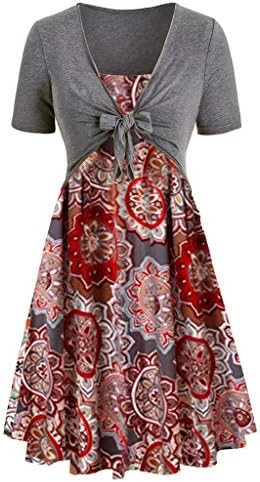 SMILEQ Dress Women Short Sleeve Shirt Dresses Set Bandage Top Floral Print Mini Dresses Summer Ball Gown Beachwear Skirt