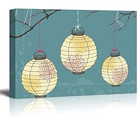 Vector Japanese Lanterns with Designs Hanging on Branches - Canvas Art Home Art - 12x18 inches
