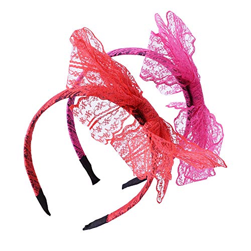 LEKUSHA Women's 80s Costume Accessories Neon Lace Headband Hair Band with Bow, Set of 2
