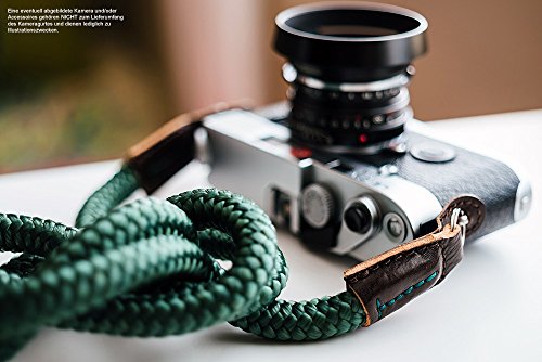 Sailor Strap Handgefertigter Kameragurt aus Seil und pflanzlich gegerbtem italienischen Leder | Schultergurt Commodore Warschau Trageriemen | Kamera Tragegurt Kordel: Grün | Kameraband Leder: Braun – Bild 5