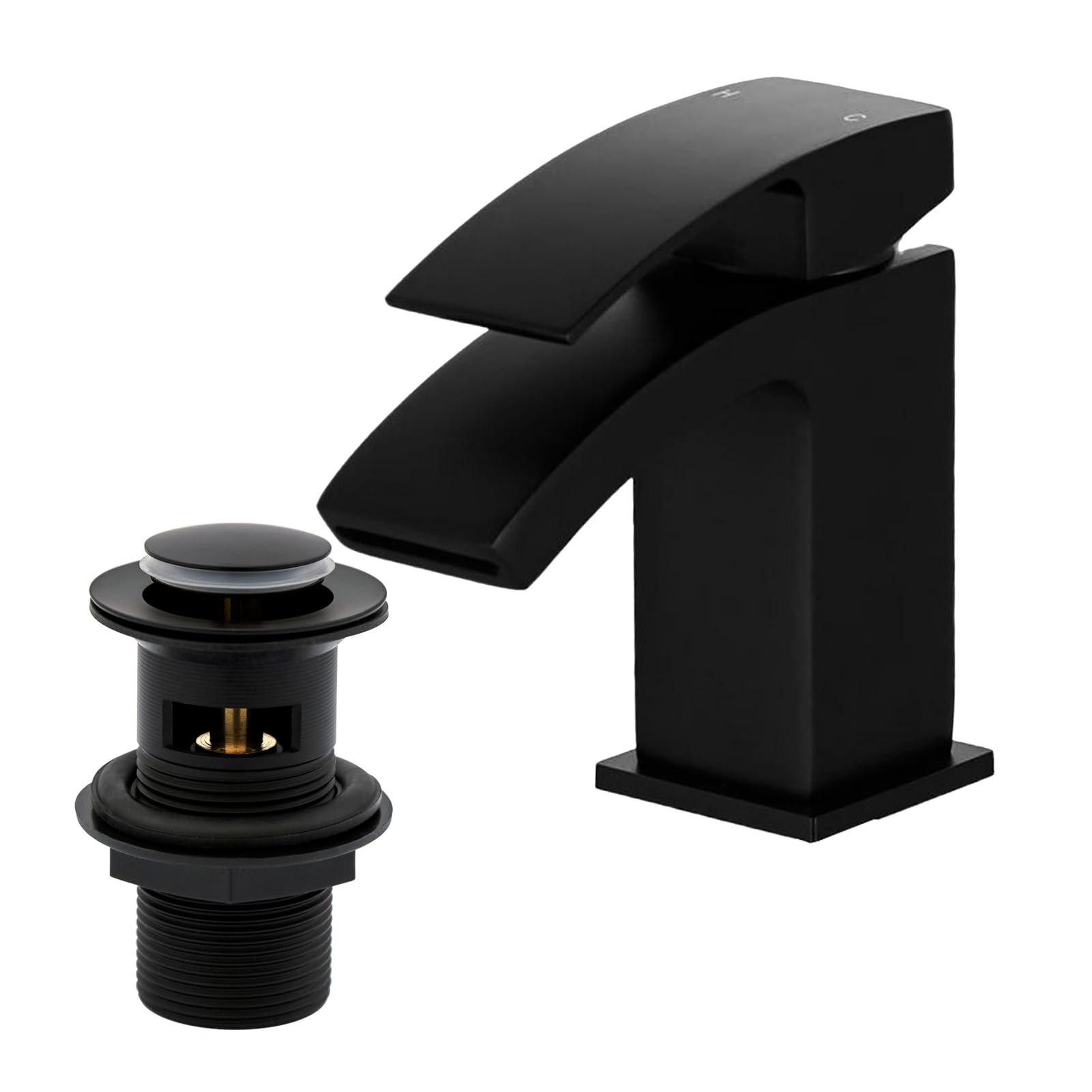 Waterfall Bathroom Sink Taps with Drain, BATHWEST Matte Black Square Basin Taps with Pop Up Waste, Monobloc Brass Bathroom Taps with Sink Plug 322NB