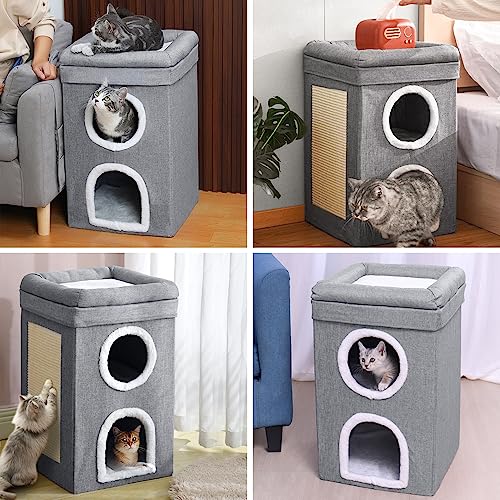 Foldable Cat House 2-in-1 Large Cats Cave Kitten Bed with Cube Cat Scratching Pad Collapsible Pet Hideaway Playground Kitten Tunnel Sleeping Cot Condo Furniture Baby Cat Stool Play Center(Grey)