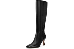 Dsevht Black Leather Knee High Boots for Women Stiletto Kitten Heeled Sexy Boots Square Toe and Side Zipper Design Fashion Dress Boots
