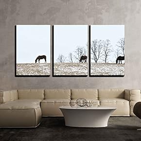3 Piece Canvas Wall Art - Horses on Hill - Modern Home Art Stretched and Framed Ready to Hang - 16"x24"x3 Panels