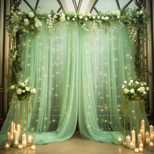 Green Tulle Backdrop Curtain with Lights
