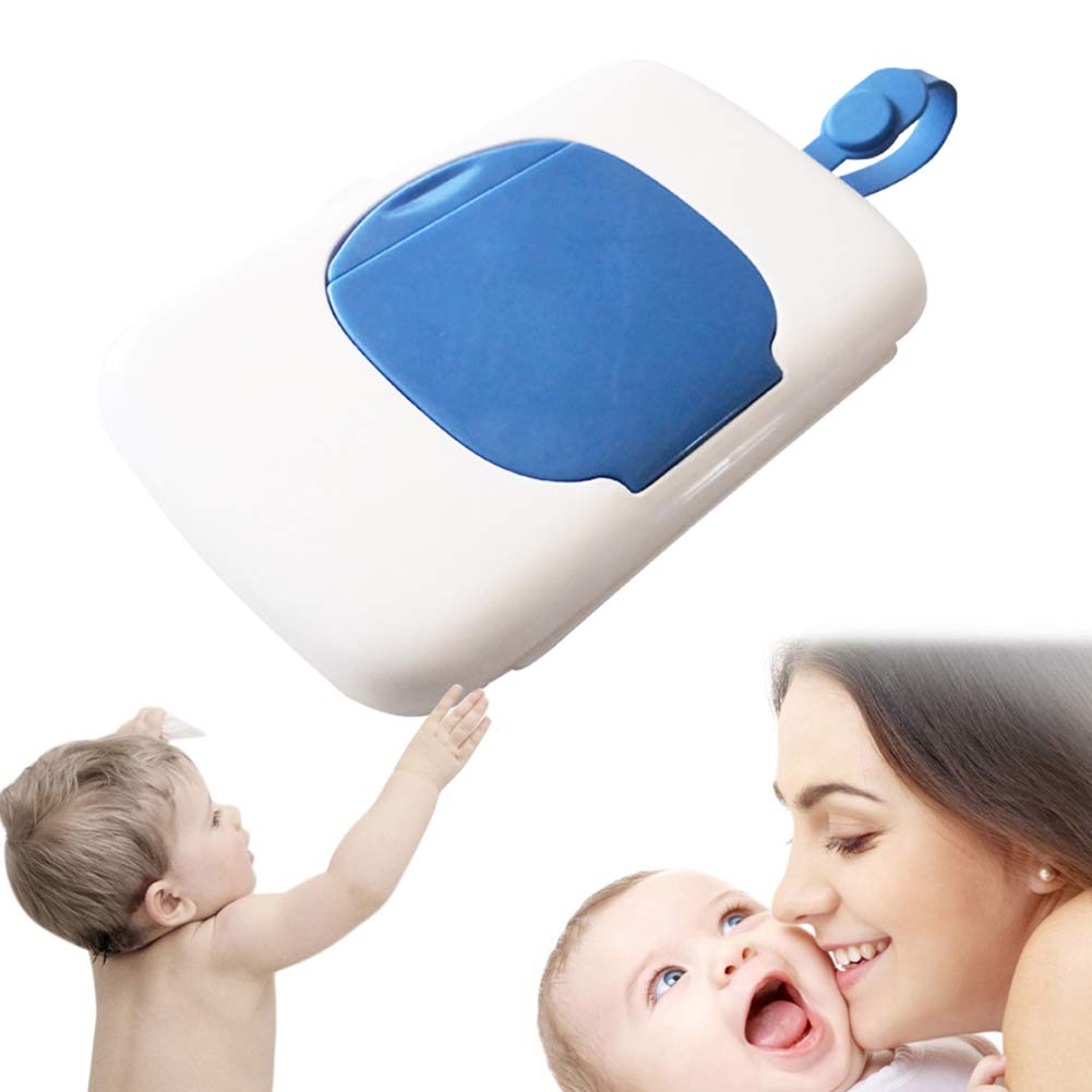 YUIP Wet Wipes Box Baby Wipes Dispenser Box Baby Outdoor Portable Wet Tissue Dispenser Case,Plastic Wet Wipes Carry Container Storage Holder(White + Blue)