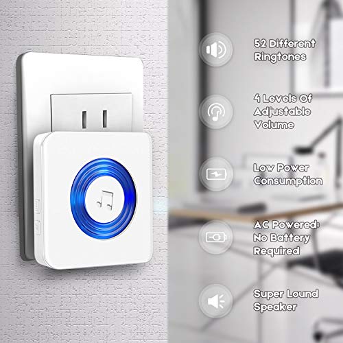 Coolqiya Wireless Doorbells Chimes Kit for Home with 2 Remote Door Bell Buttons Waterproof and 2 Plug in Receivers, No Battery Required for Receiver 52 Ringtones, White