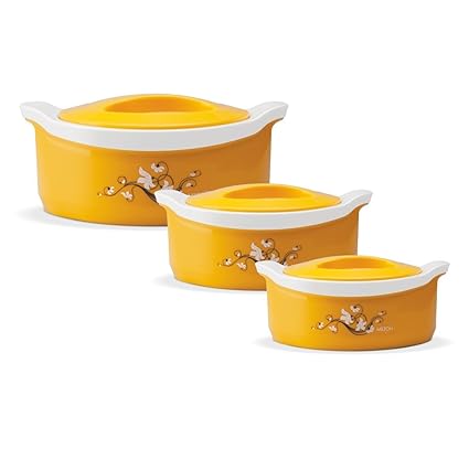 Milton Casserole Plastic and Steel Marvel Senior Insulated Casserole, 1000/1500/2500ml(Yellow, TP40020) - Set of 3